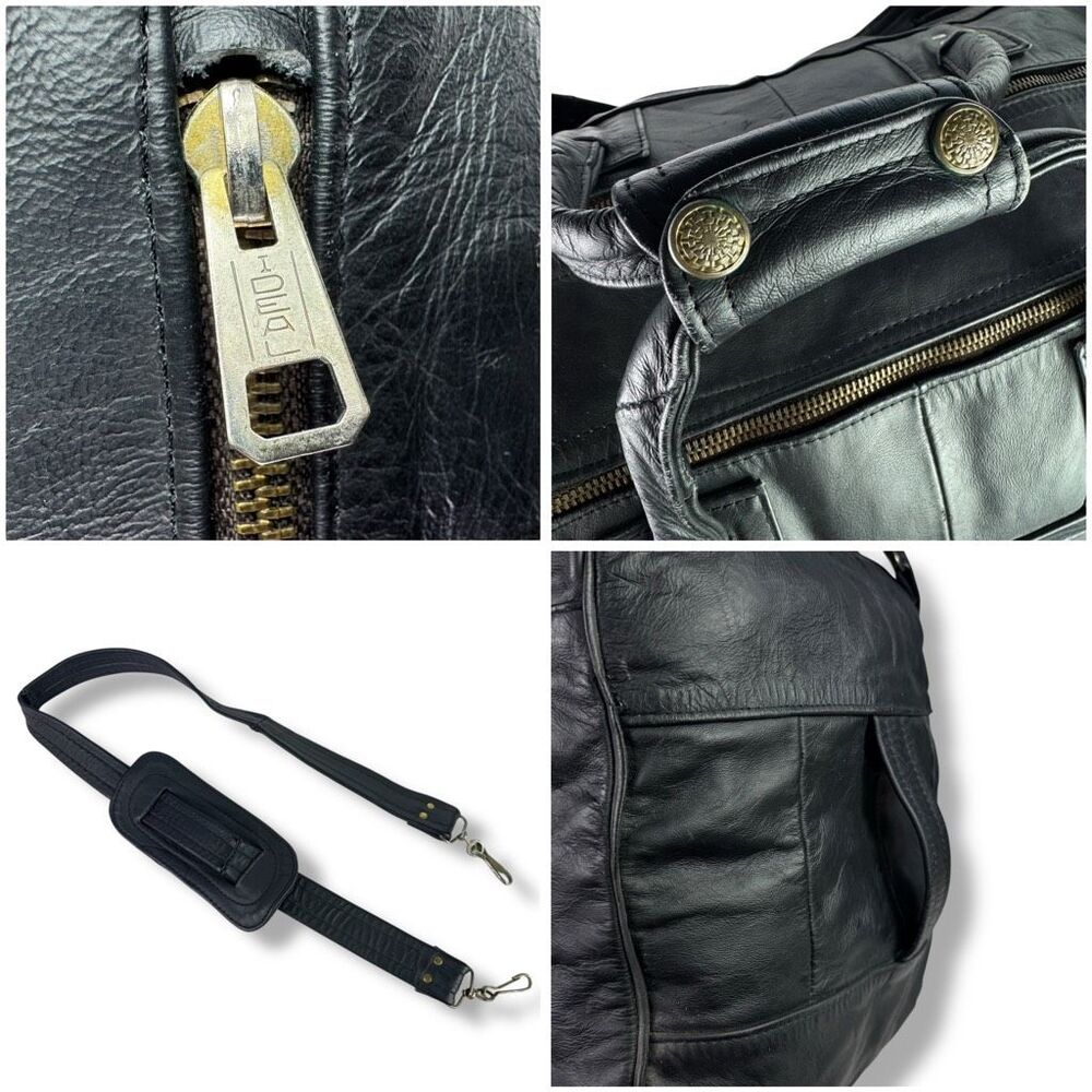 Vintage 80s 90s Y2K Duffel Travel Overnight Bag Weekender Black Leather Denim - Picture 6 of 11